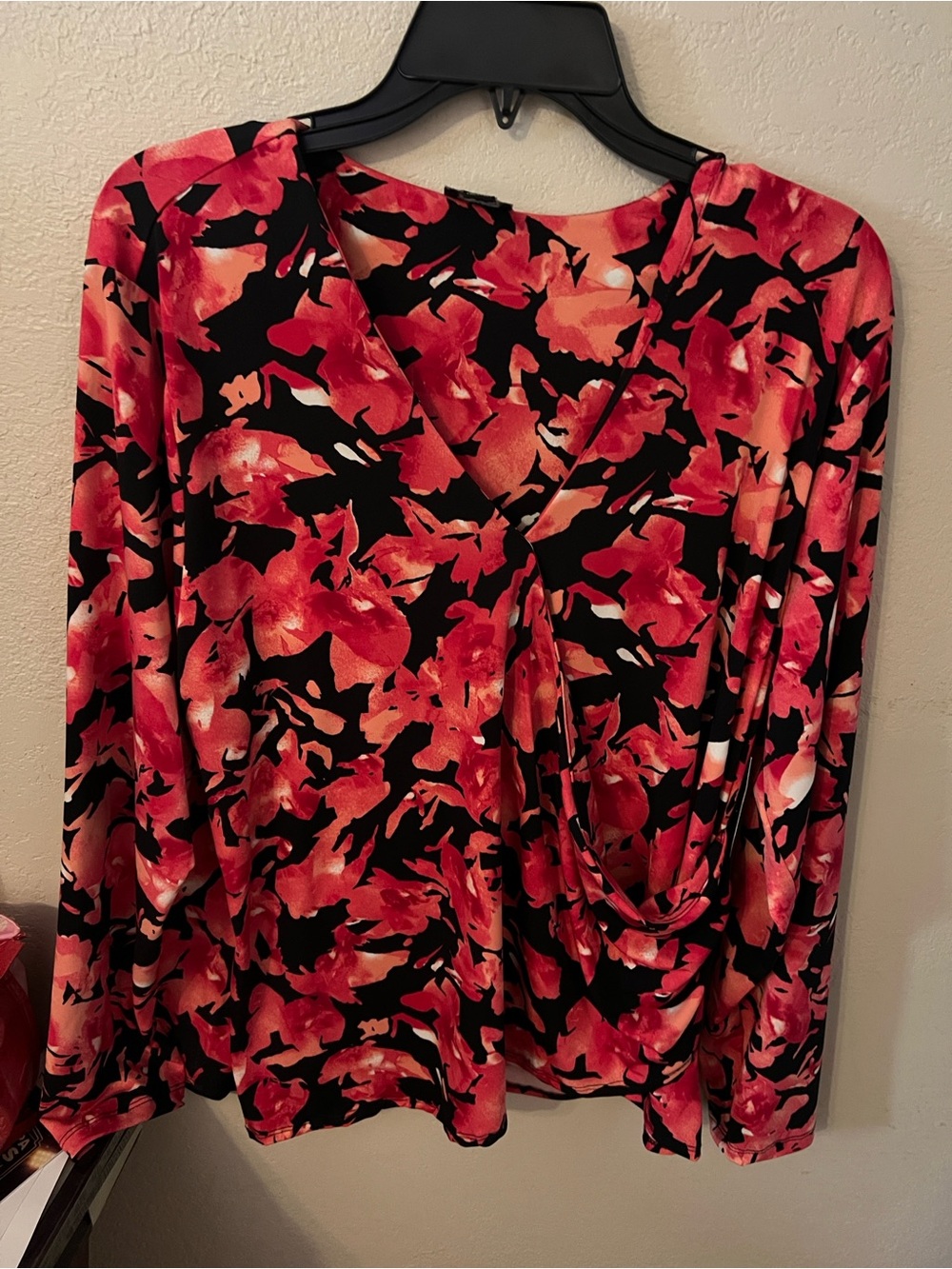 INC International Concepts Red and Black Floral Draped Long-Sleeve Top